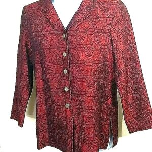Red Black Geometric Embroidered Blazer Jacket Medium Brass Button Statement Vntg